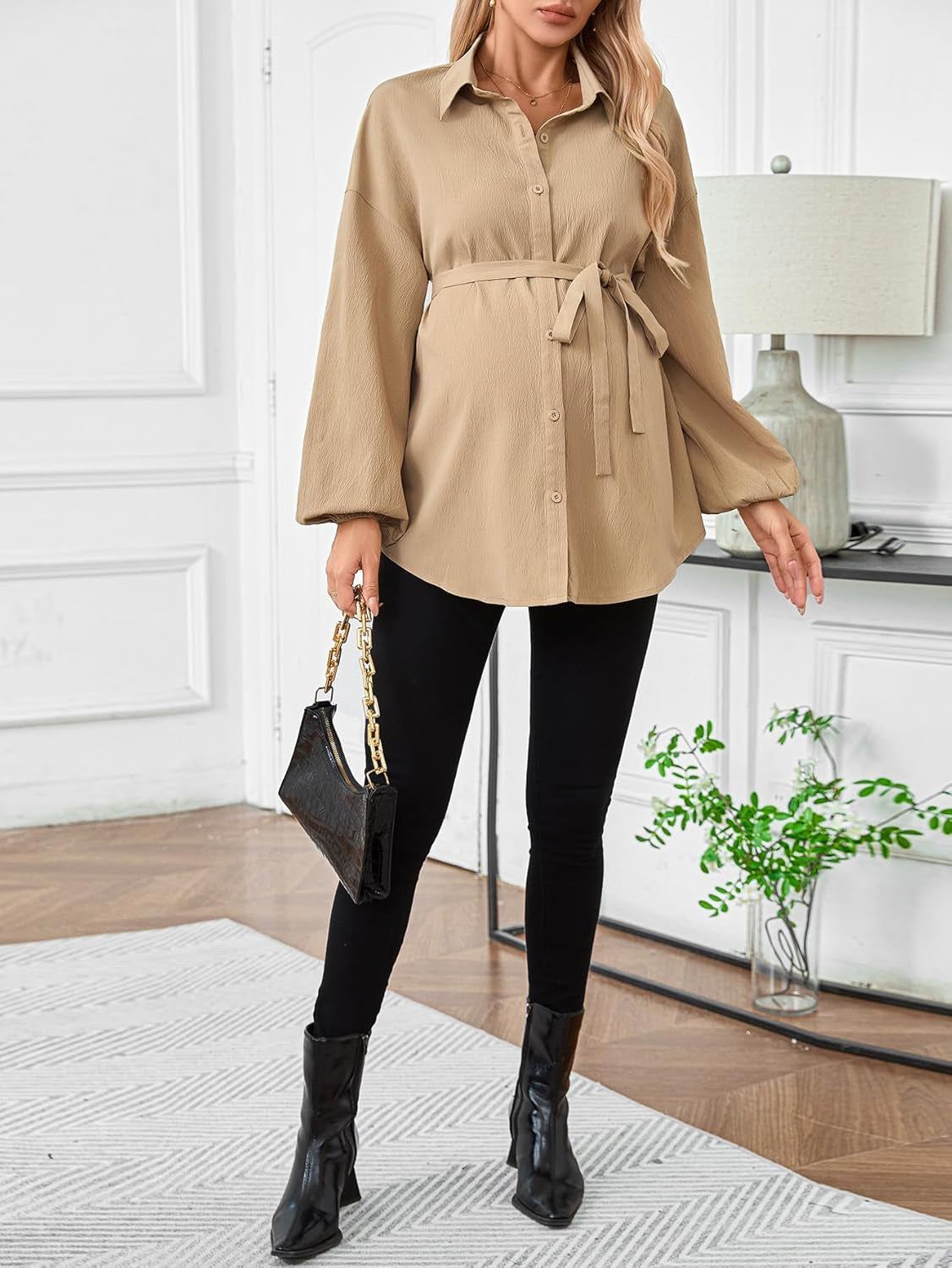 Makemechic Women'S Maternity Shirts Long Sleeve Belted Button down Casual Pregnancy Blouse Tops