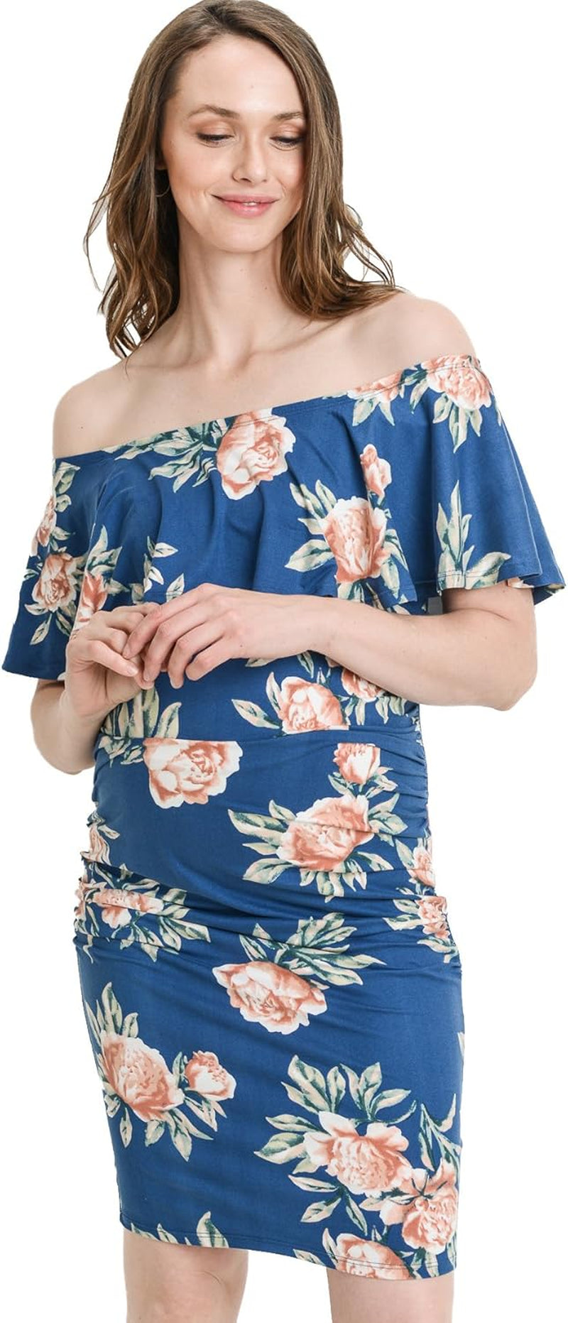 Hello MIZ Women'S Floral Ruffle off Shoulder Maternity Dress - Made in USA