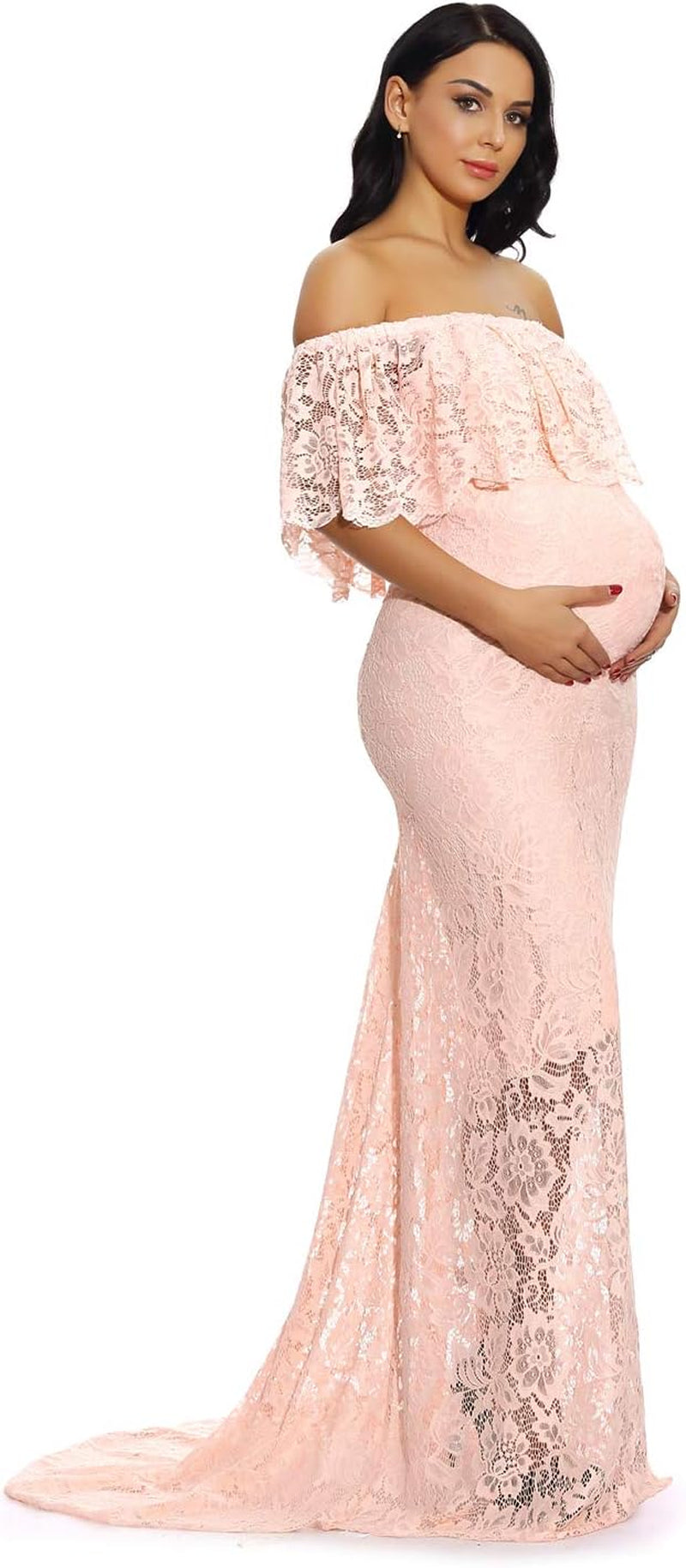 ZIUMUDY Women'S off Shoulder Ruffles Lace Maternity Gown Maxi Photography Baby Shower Dress