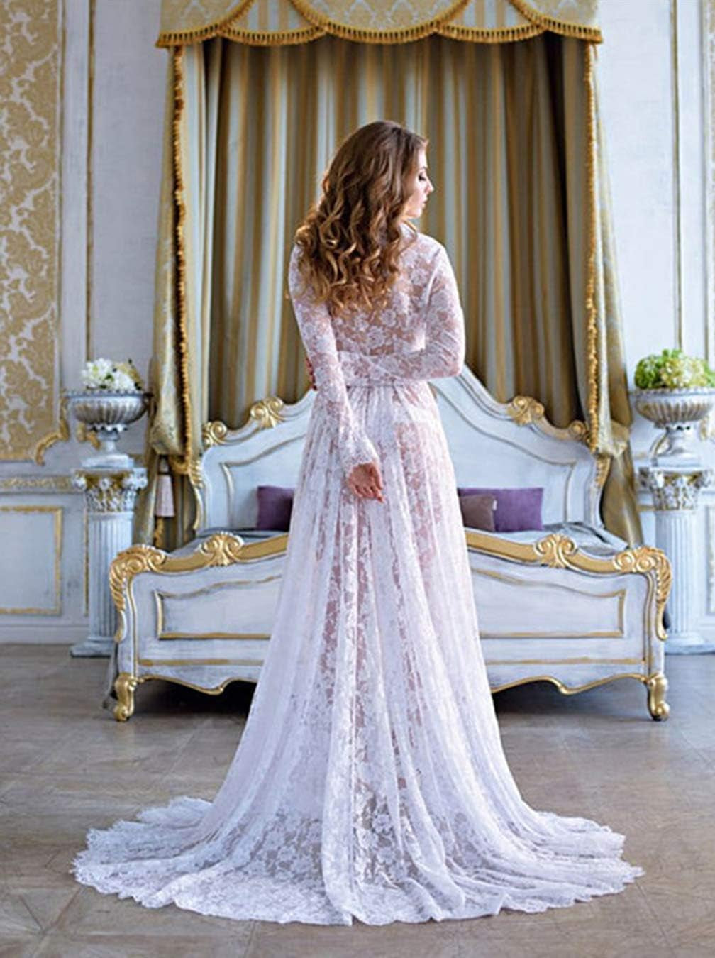 ZIUMUDY Maternity Deep V-Neck Split Front See-Through Maxi Lace Dress for Photography with Long Sleeve