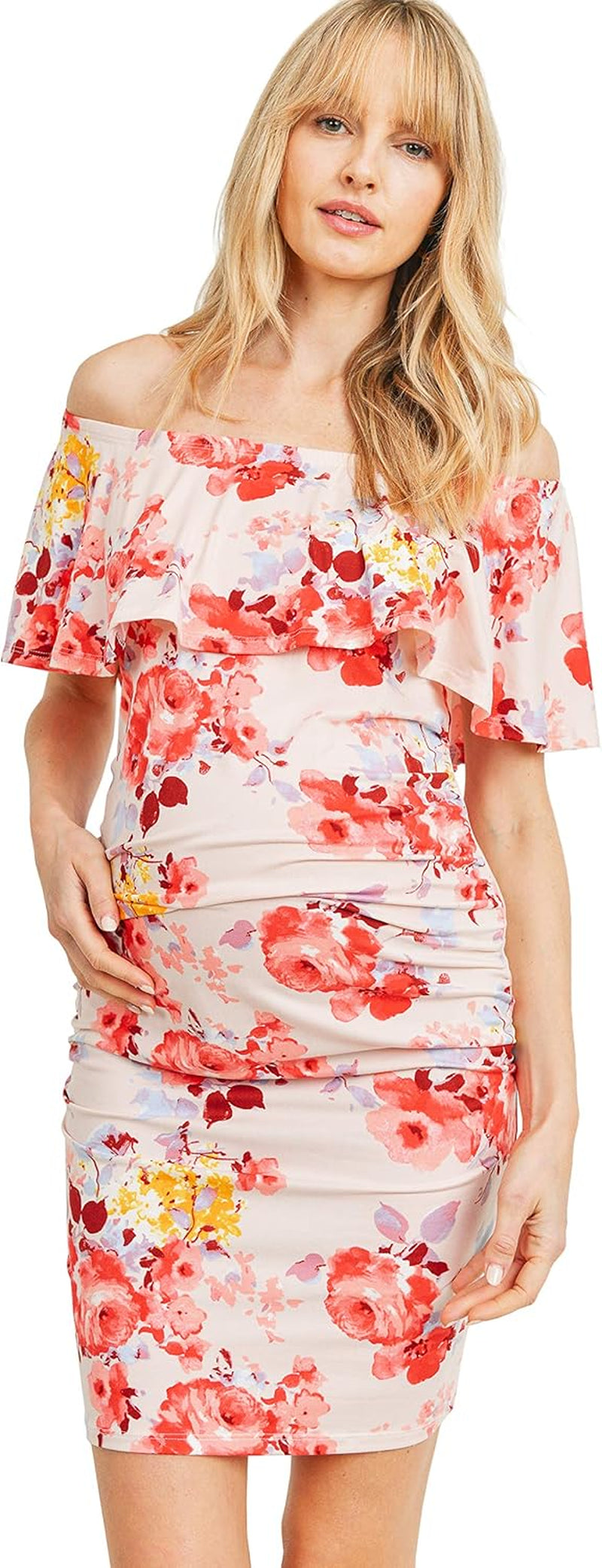 Hello MIZ Women'S Floral Ruffle off Shoulder Maternity Dress - Made in USA