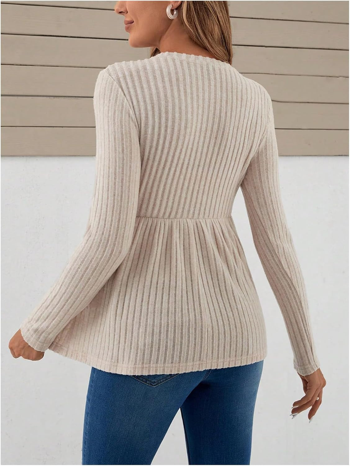 Women'S Maternity Tee Shirt Long Sleeve Ruffle Hem Shirts Ribbed Knit round Neck Peplum Pregnancy Tops Khaki Large