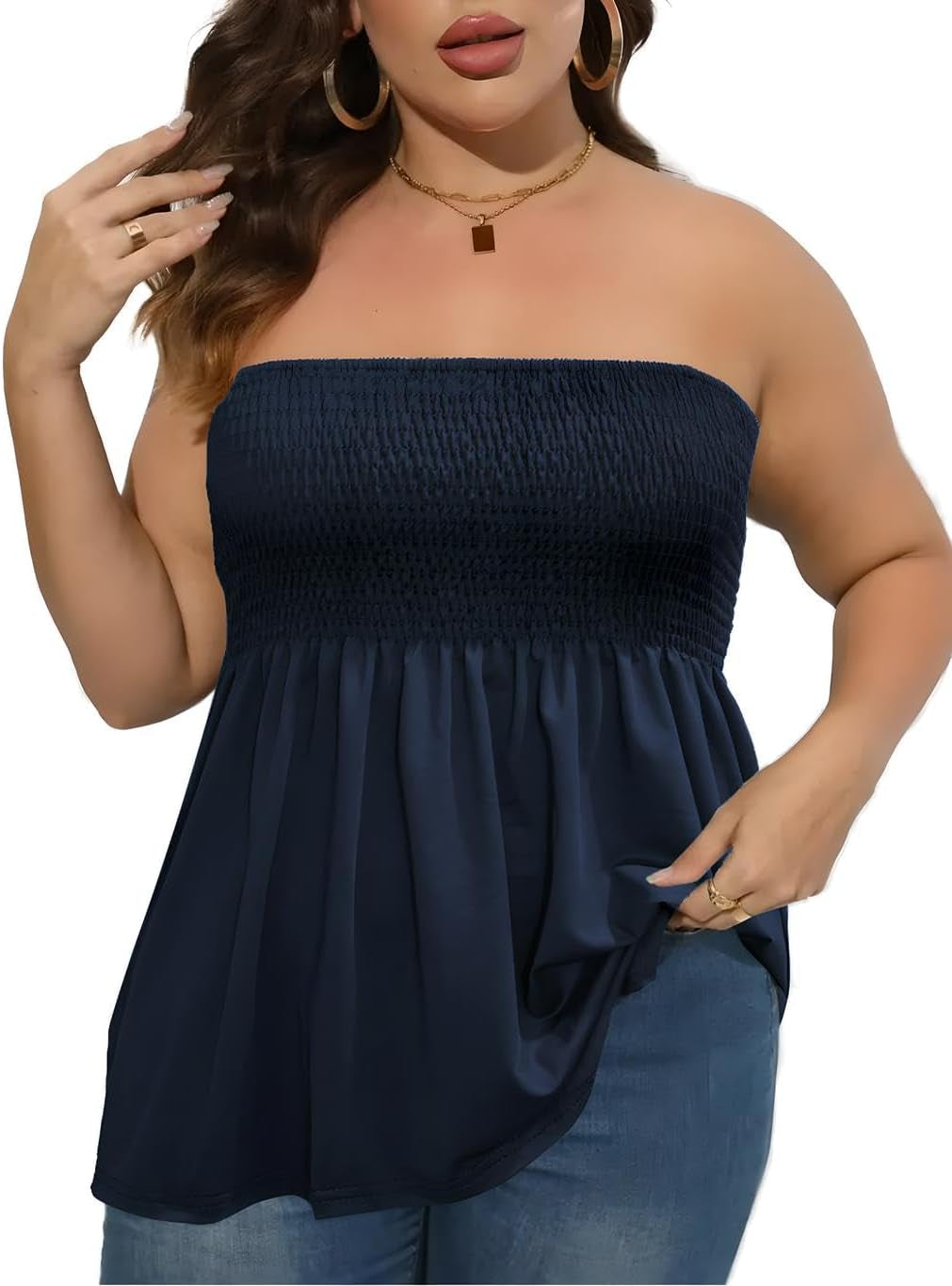 Comeon Women'S plus Size Tube Tops Strapless Blouse Pleated Sleeveless Stretchy Sleeveless Flare Hem Tube