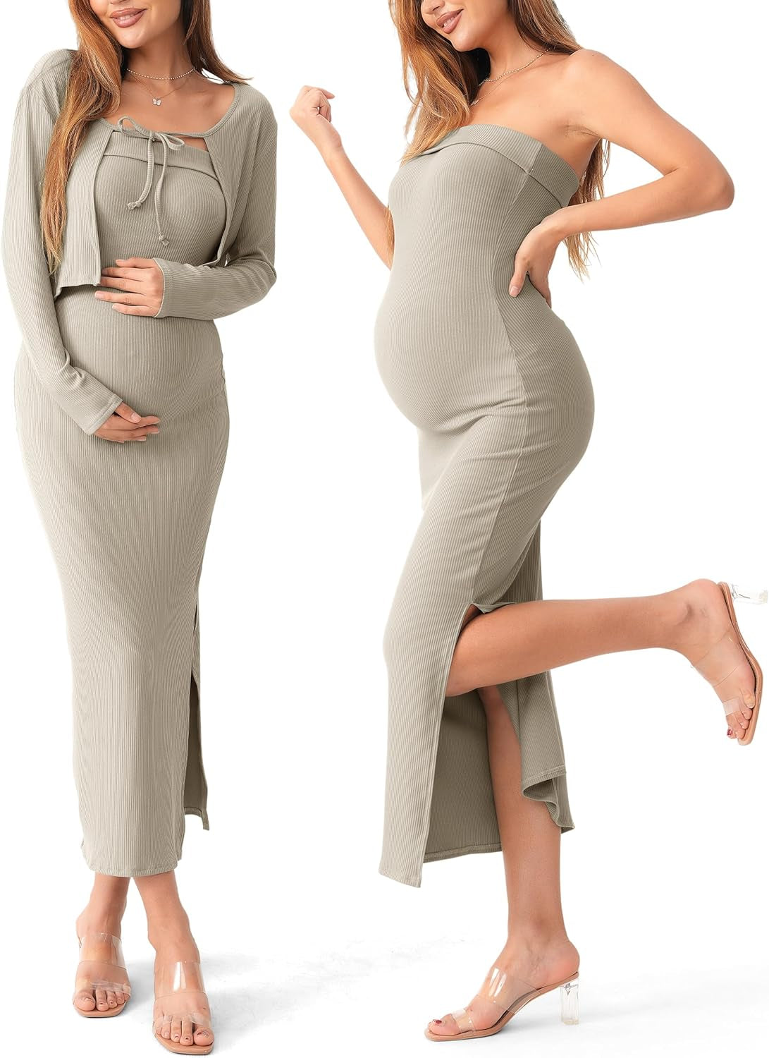 SUNNYBUY Baby Shower Maternity Tube Dress Short Cardigan Bodycon Ribbed Maxi Dress Casual 2 Piece Pregnancy Outfit Set