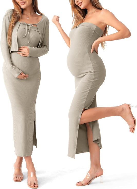 SUNNYBUY Baby Shower Maternity Tube Dress Short Cardigan Bodycon Ribbed Maxi Dress Casual 2 Piece Pregnancy Outfit Set