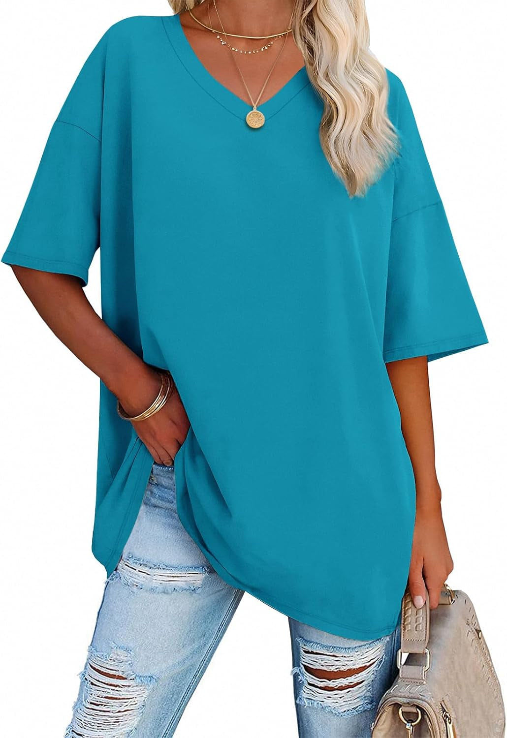 ATHMILE Womens Summer Oversized Shirts V Neck Business Casual Workout Tops Beach Vacation 2025 Gym Clothes