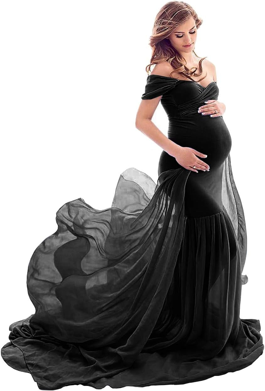 ZIUMUDY Maternity Chiffon Mermaid Gown off Shoulder Dropped Sleeve Fitted Photo Shoot Photography Dress
