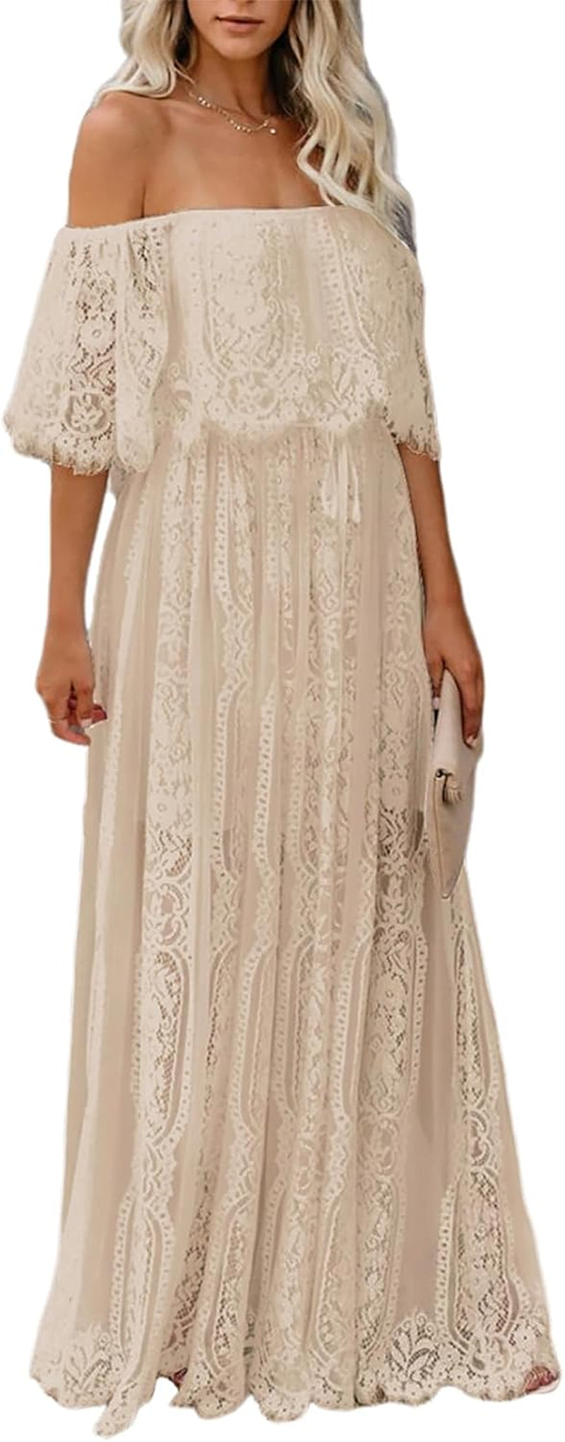 HOYISHION Women'S off the Shoulder Floral Lace Maxi Dress White Bridesmaid Wedding Party Maternity Photoshoot Long Dresses