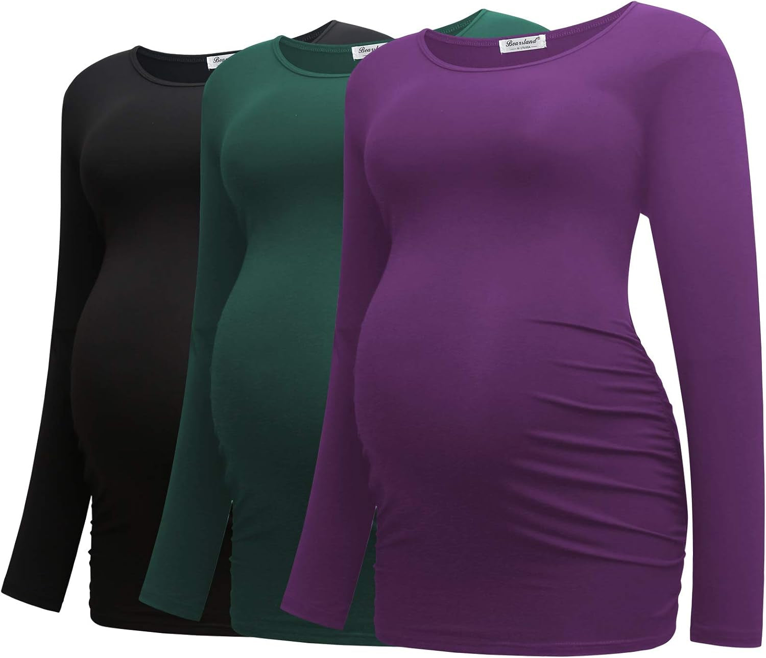 Bearsland Womens Maternity Long Sleeve Tshirt 3 Packs Classic Side Ruched Tee Top Mama Pregnancy Clothes