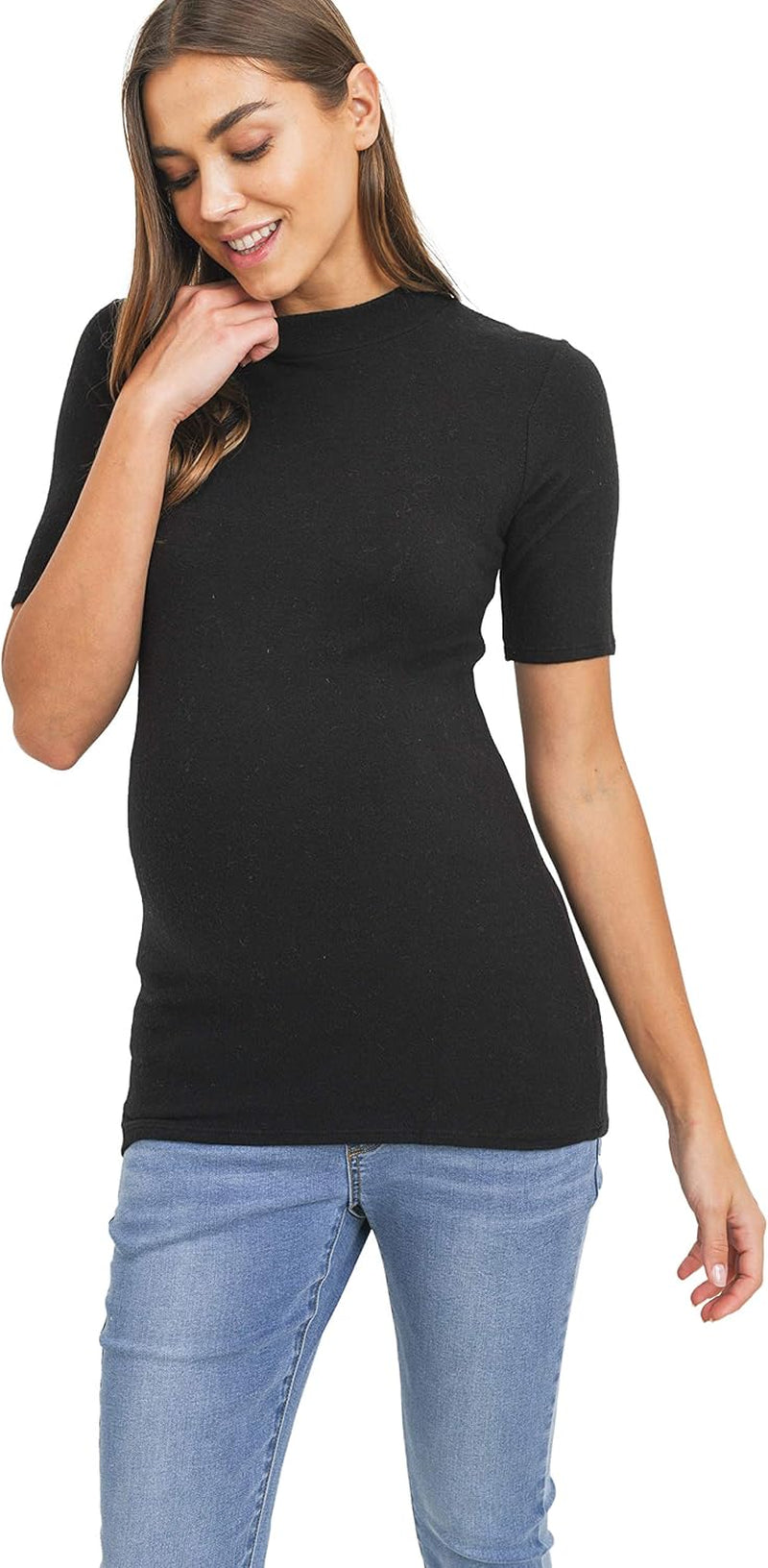 Women'S Knit Ribbed Maternity Top with Mock Neck Long Sleeve