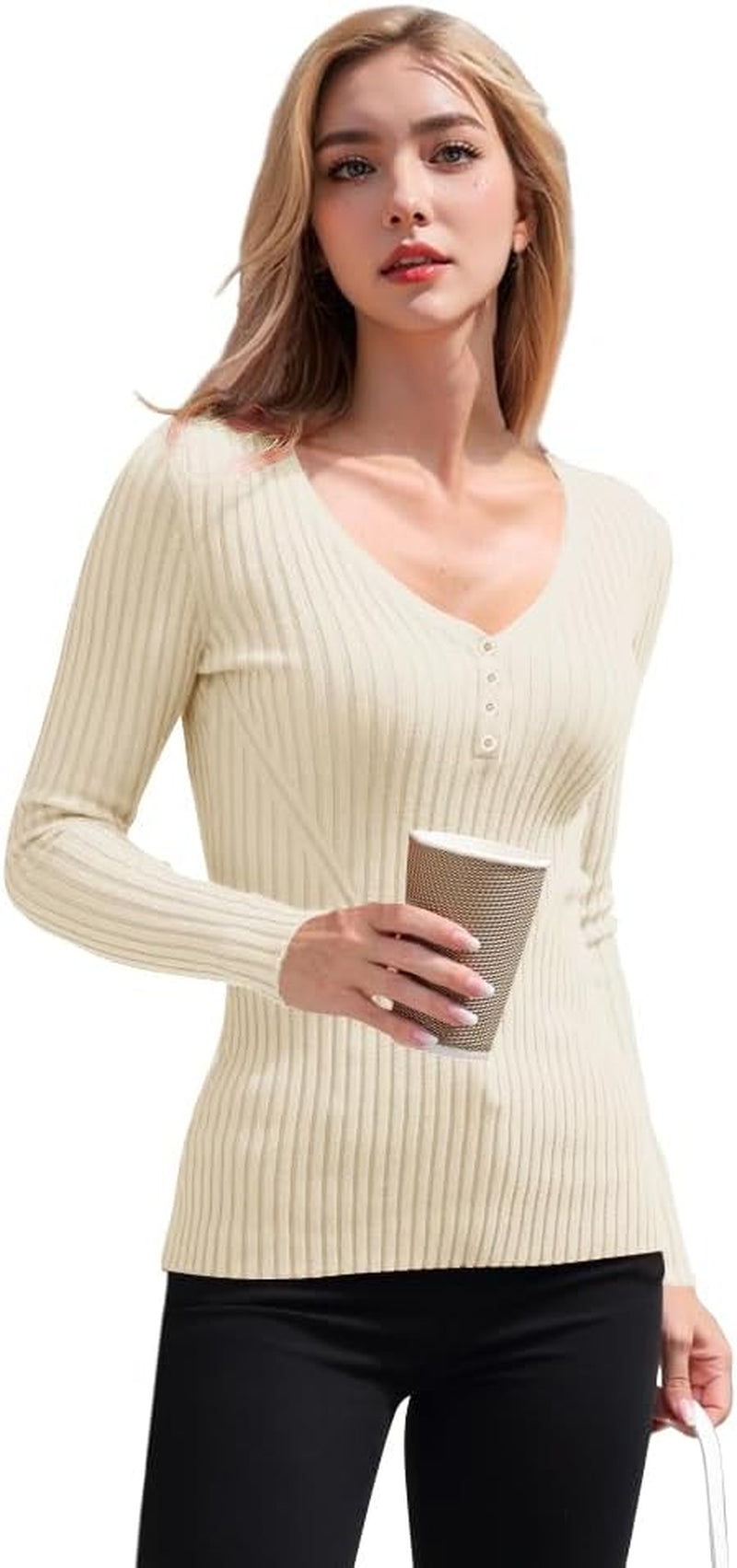 V28 Women Tops Long Sleeve V Neck Henley Button up Casual Sexy Slim Fit Ribbed Knit Knitwear Pullover Sweater