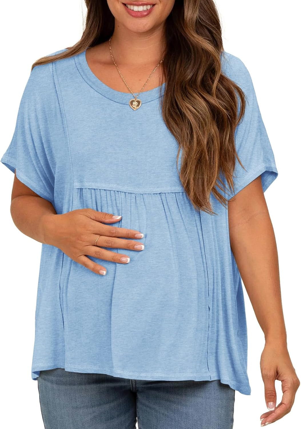Tankaneo Womens Maternity Tops Summer Batwing Short Sleeve Casual T Shirts Oversized Pleated Pregnancy Clothes