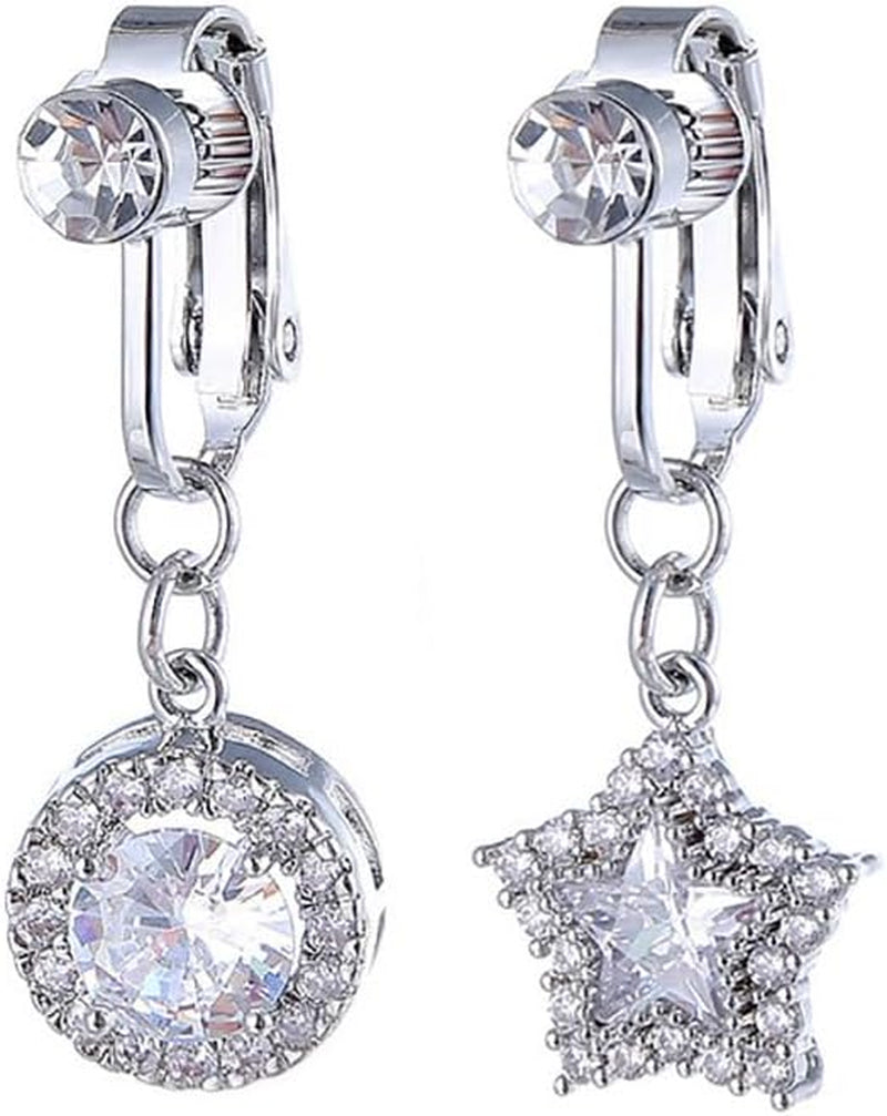 2Pcs CZ round Star Fake Belly Button Rings for Women Surgical Steel Clip on Non-Piercing Fake Navel Rings Sparkling Crystal Fake Belly Jewelry