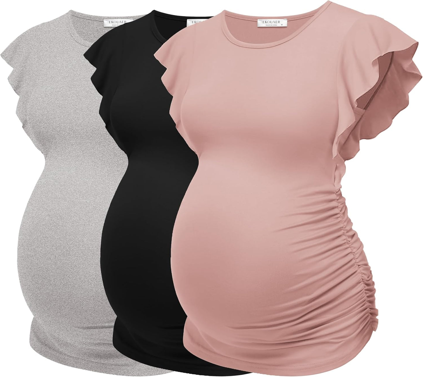 Ekouaer Women'S Maternity Shirts 3 Packs Flying Short Sleeve Pregnancy Tops Side Ruched Tunic Blouse Mama Clothes S-XXL