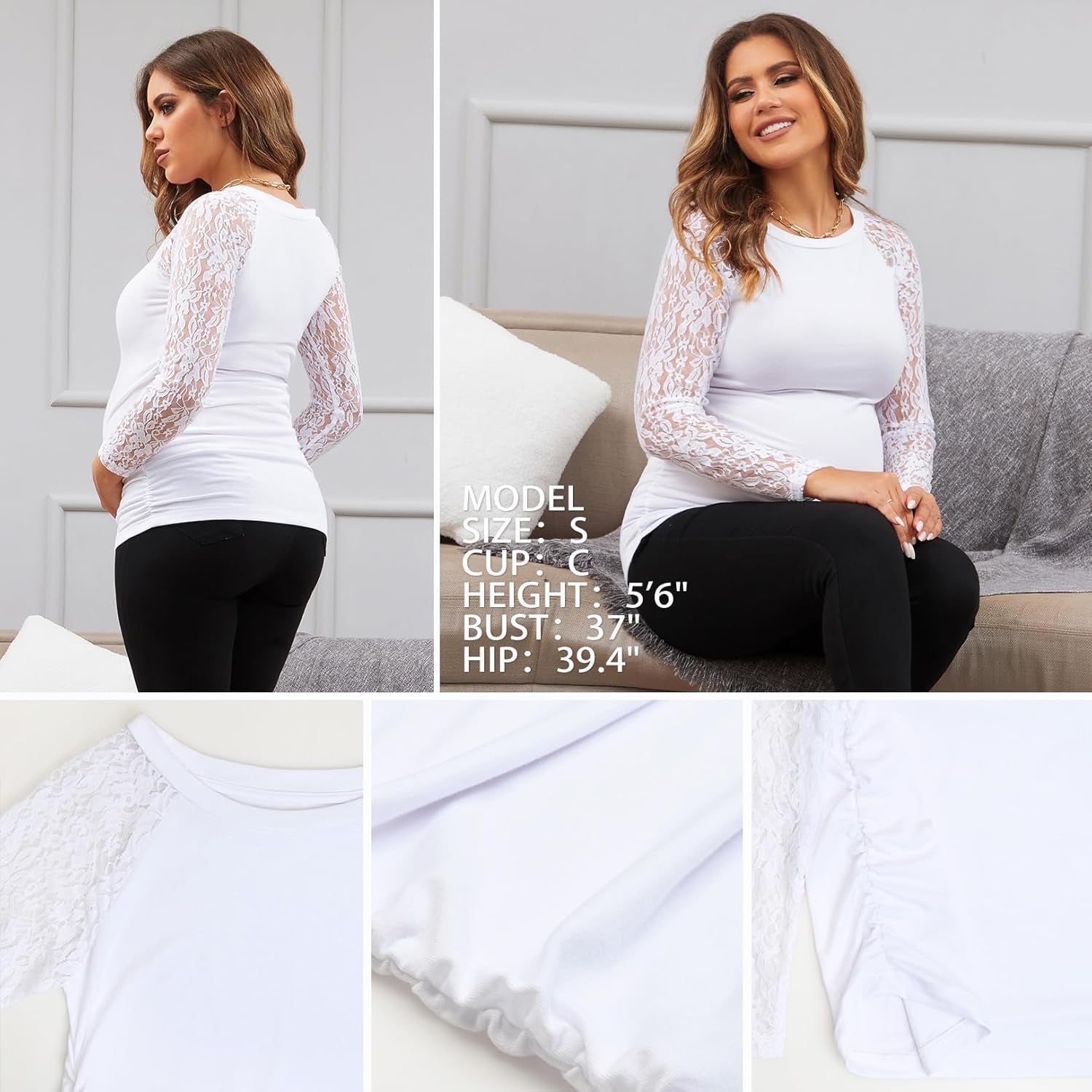 Women'S Maternity Shirts Lace Long Sleeve Pregnancy Tops Tee Tunic Blouse Side Ruched Maternity Clothes