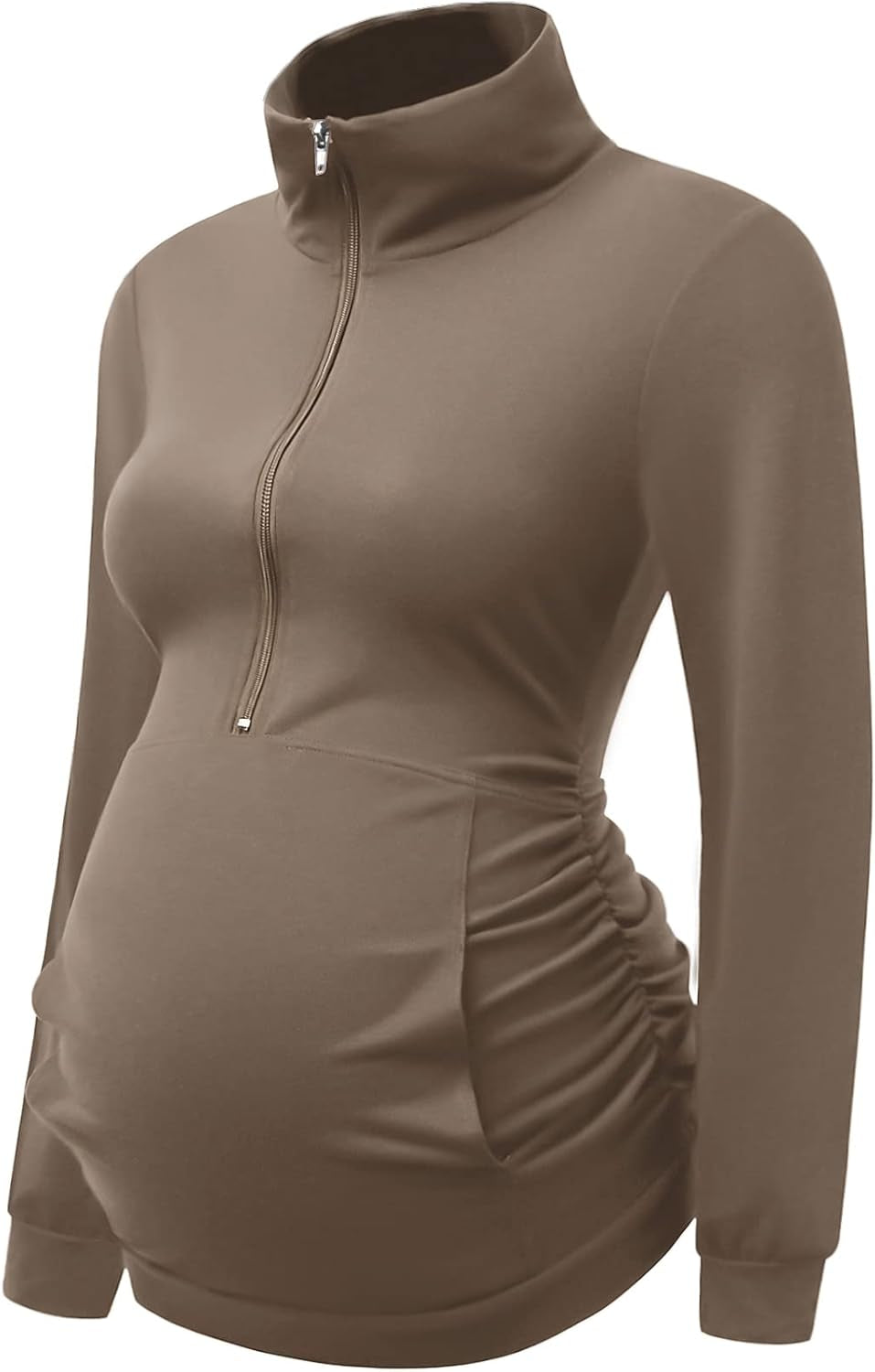 DEBELLY Maternity Shirt with Pocket Women'S Lapel Top Casual Pregnancy Long Sleeve Zipper Sweatshirt