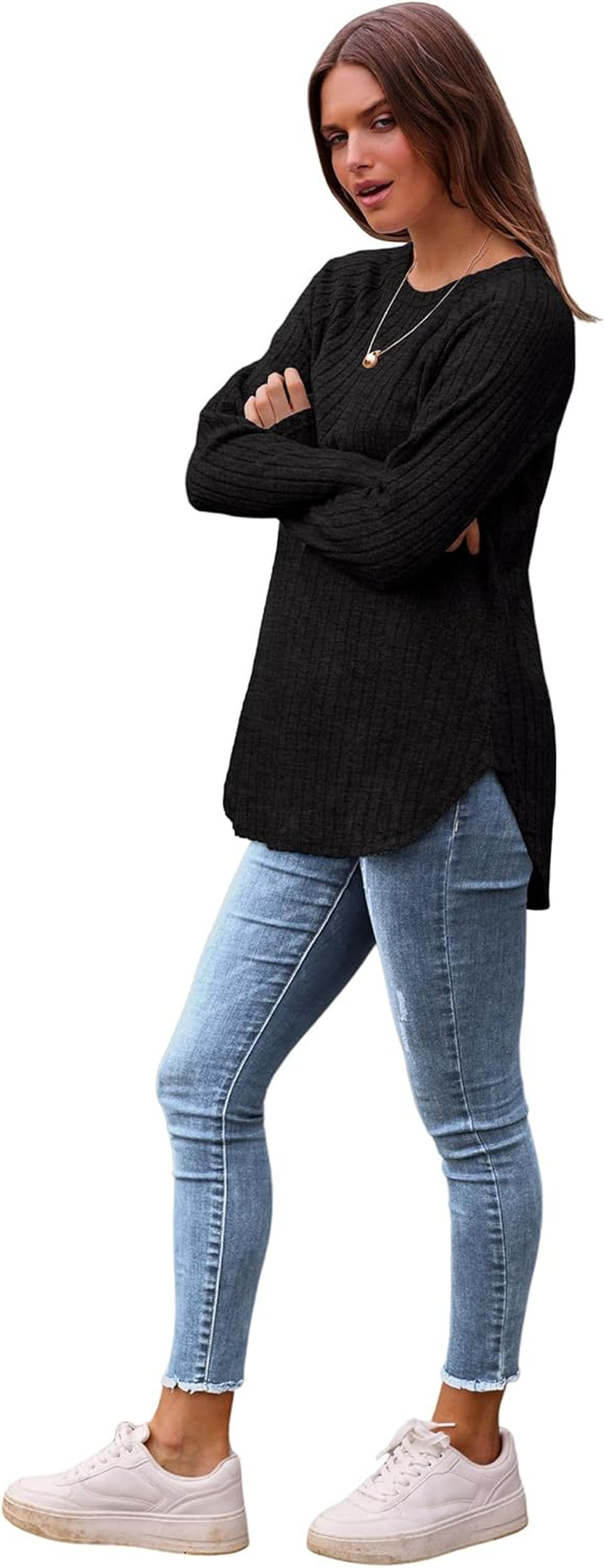 Saloogoe Long Sleeve Shirts for Women Tunic Tops for Women Loose Fit Dressy Crew Neck Pullover Basic Sweaters for Women 2024