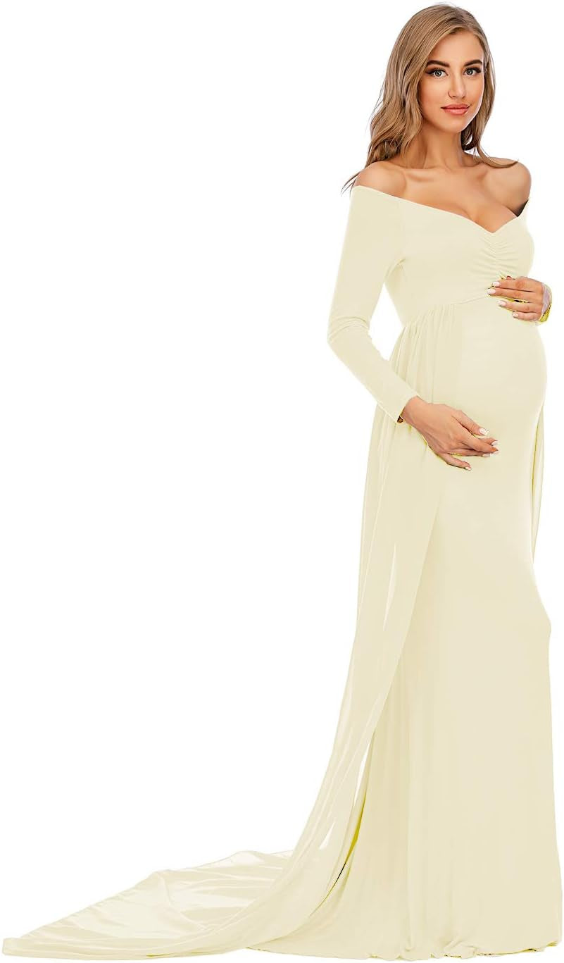 ZIUMUDY Maternity off Shoulder Long Sleeve Fitted Gown Maxi Chiffon Dress for Photo Shoot Baby Shower