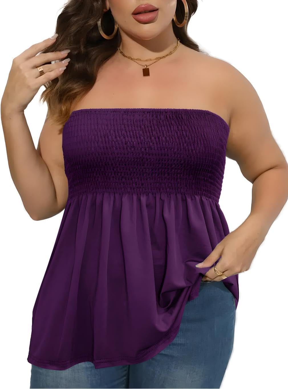 Comeon Women'S plus Size Tube Tops Strapless Blouse Pleated Sleeveless Stretchy Sleeveless Flare Hem Tube