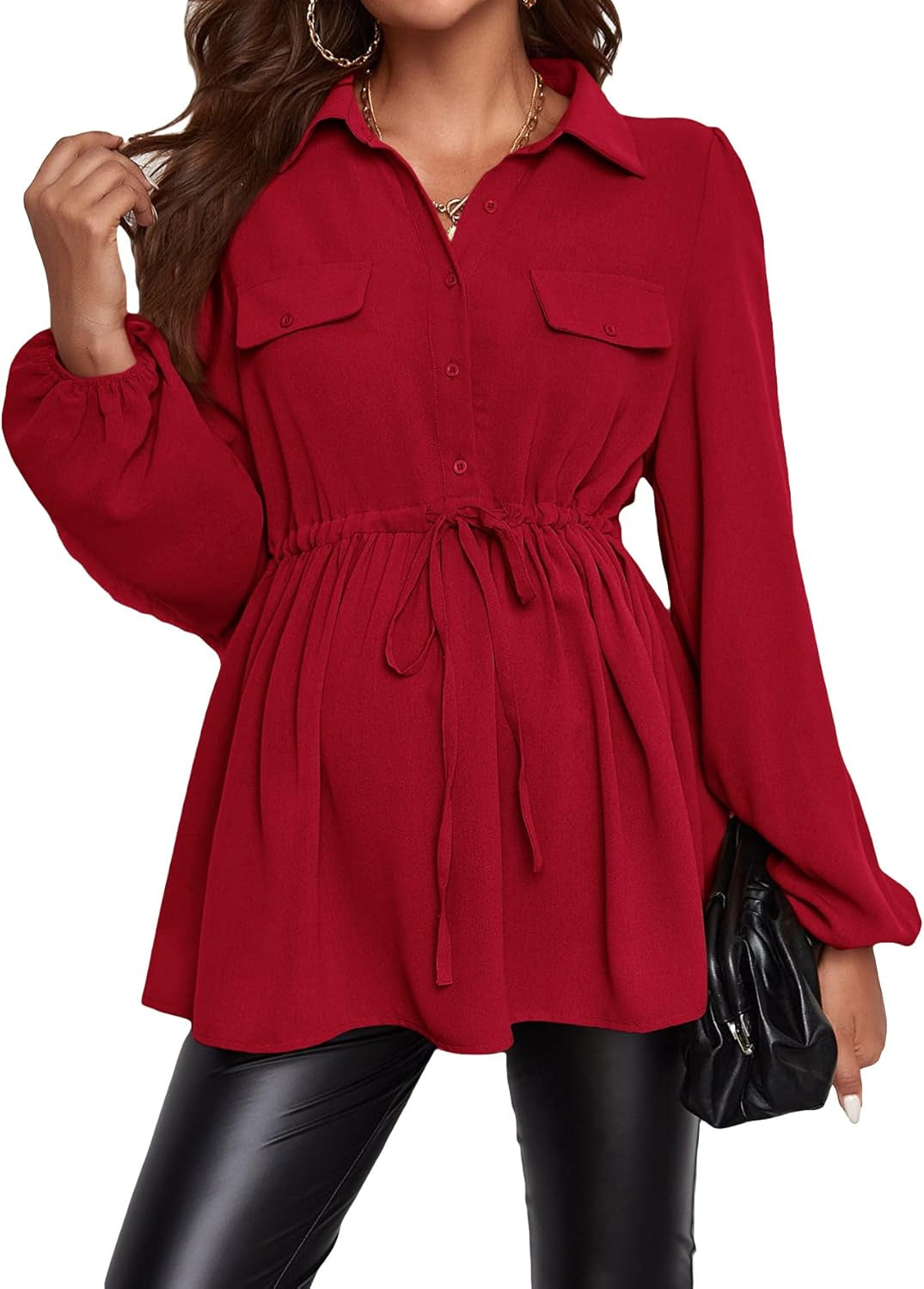 Makemechic Women'S Maternity Shirts Long Sleeve Belted Button down Casual Pregnancy Blouse Tops