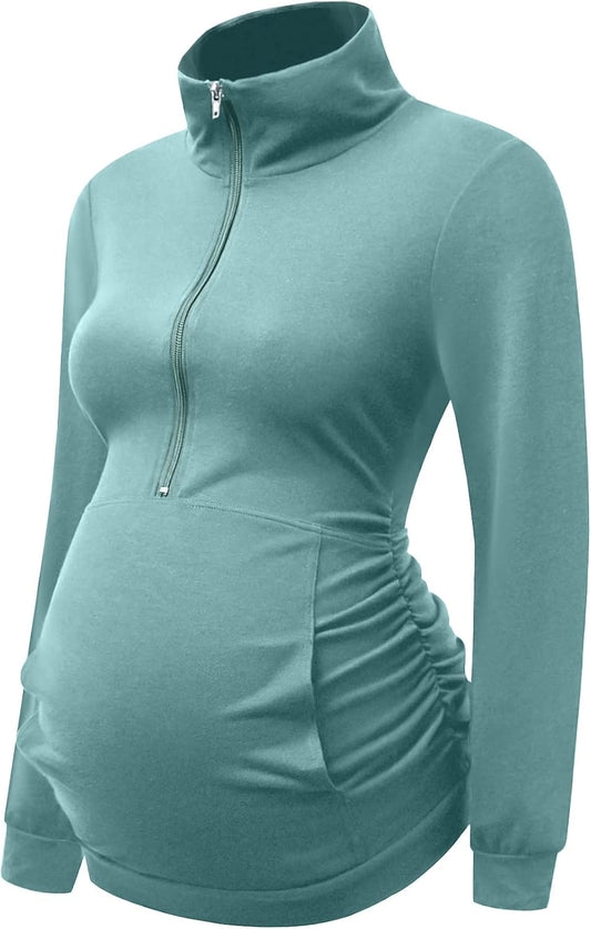 DEBELLY Maternity Shirt with Pocket Women'S Lapel Top Casual Pregnancy Long Sleeve Zipper Sweatshirt