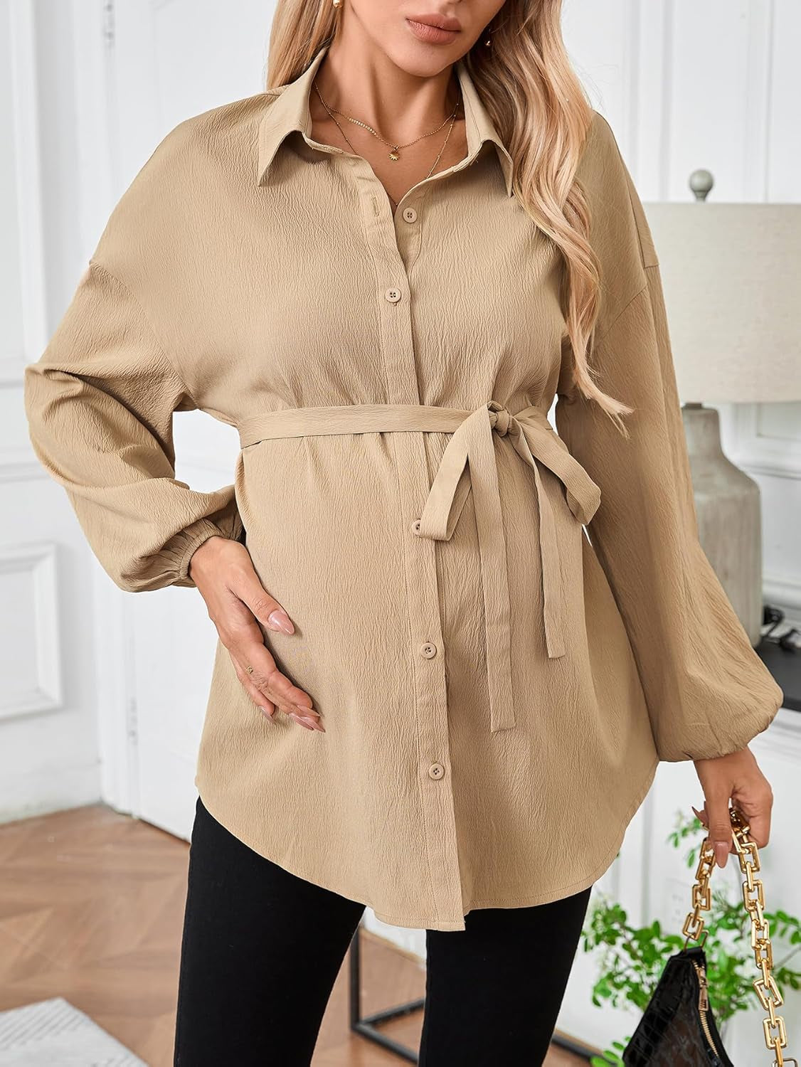 Makemechic Women'S Maternity Shirts Long Sleeve Belted Button down Casual Pregnancy Blouse Tops