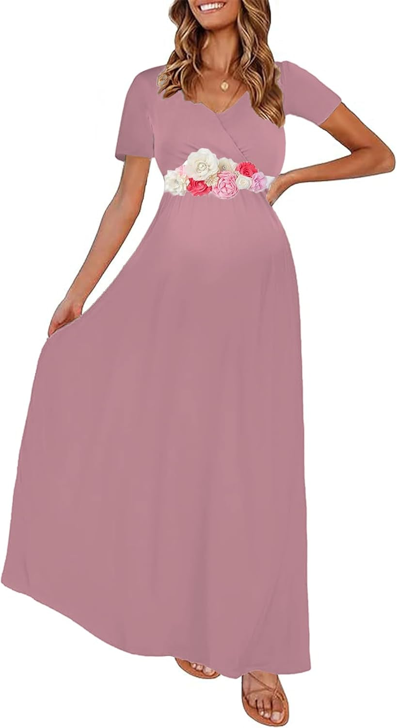 KIM S Maternity Maxi Dress with Flower Sash(S-3Xl)/Wrapped Ruched V Neck Photoshoot Baby Shower Dresses