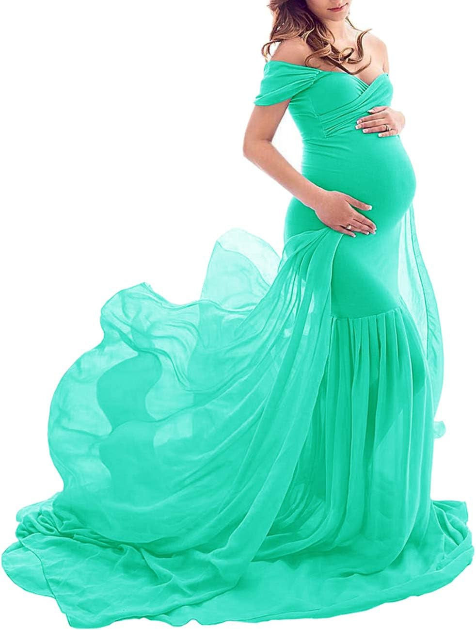 ZIUMUDY Maternity Chiffon Mermaid Gown off Shoulder Dropped Sleeve Fitted Photo Shoot Photography Dress