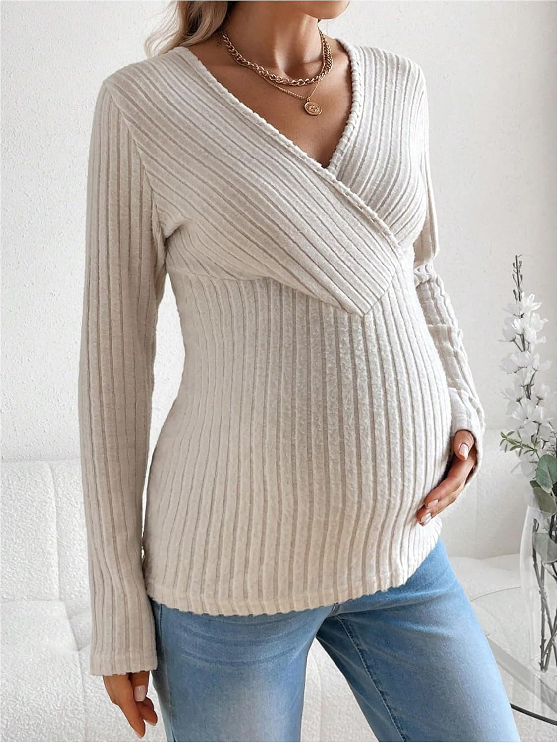 Sweatyrocks Women'S Maternity Tops V Neck Long Sleeve Ribbed T Shirts Pregnancy Clothes