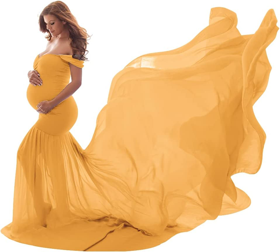 Women Maternity Dress for Photography Mermaid off Shoulder Slim Fitted Chiffon Gown Flowy Baby Shower Maxi Photo Props Dress