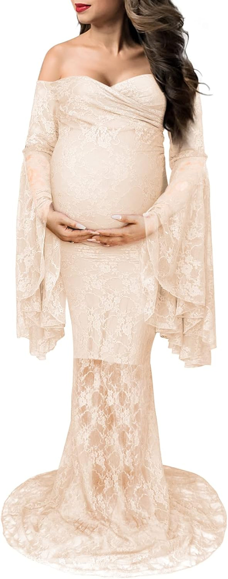 Saslax off Shoulder Lace Maternity Dress for Photography Maxi Maternity Props Dresses for Photo Shoot Baby Shower