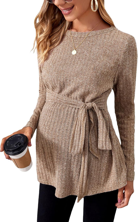 Makemechic Women'S Maternity Shirts Casual Long Sleeve Tie Front Ribbed Knit Pregnancy Tee Top