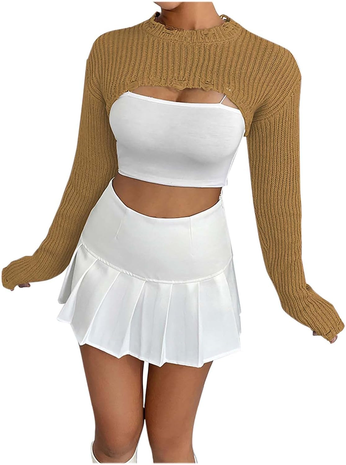 Hgps8W Women'S Cropped Sweater, Sexy Ripped Long Sleeve Crewneck Loose Pullover Knitwear Tops