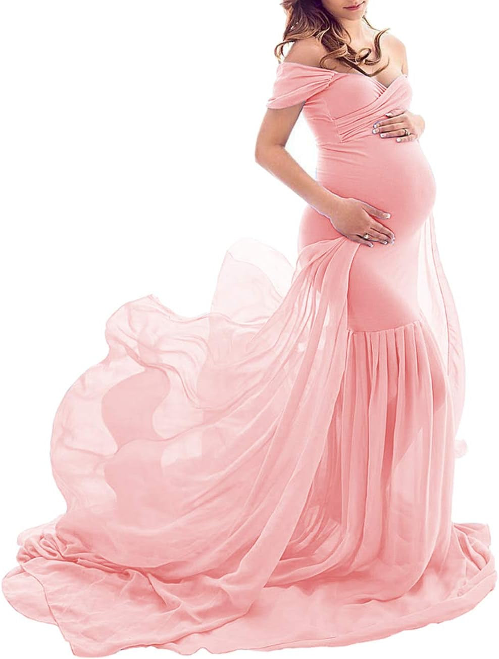 ZIUMUDY Maternity Chiffon Mermaid Gown off Shoulder Dropped Sleeve Fitted Photo Shoot Photography Dress