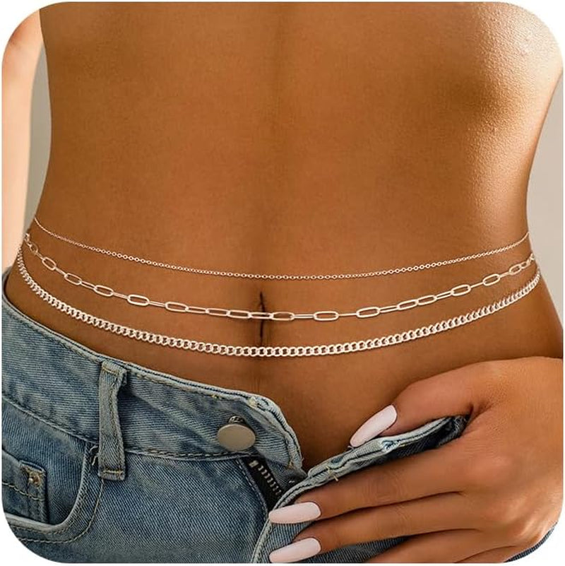 CHESKY 14K Gold Plated Silver Plated Waist Chain for Women, Layered Belly Belt Chains Beach Waist Beads Chain Waterproof Snake Cuban Body Chain Summer Jewelry Accessories for Women