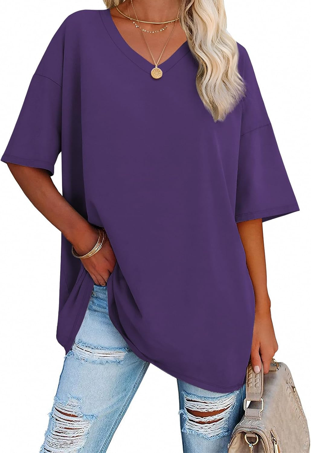 ATHMILE Womens Summer Oversized Shirts V Neck Business Casual Workout Tops Beach Vacation 2025 Gym Clothes