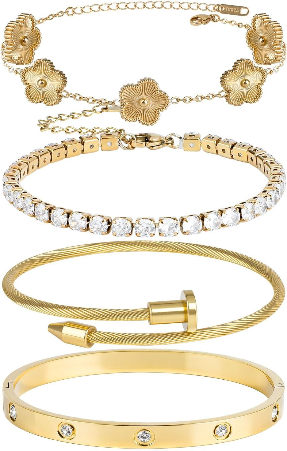 Bracelet Bangle Set, 4Pcs Stackable Four Leaf Gold Bracelet Set for Wife Mom Girlfriend