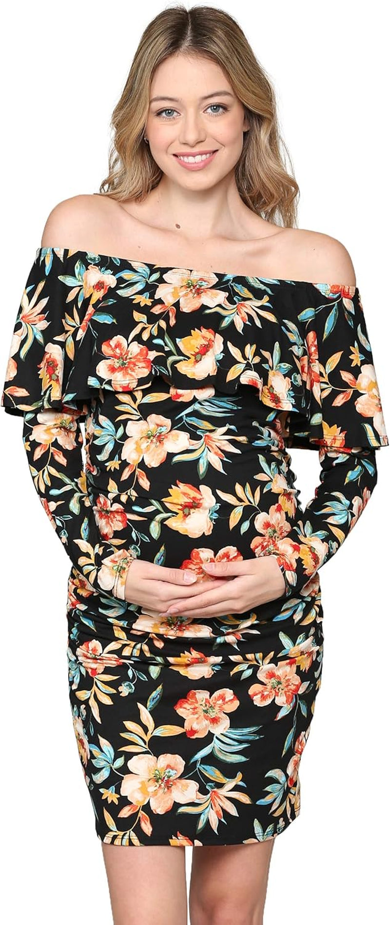 Hello MIZ Women'S Floral Ruffle off Shoulder Maternity Dress - Made in USA