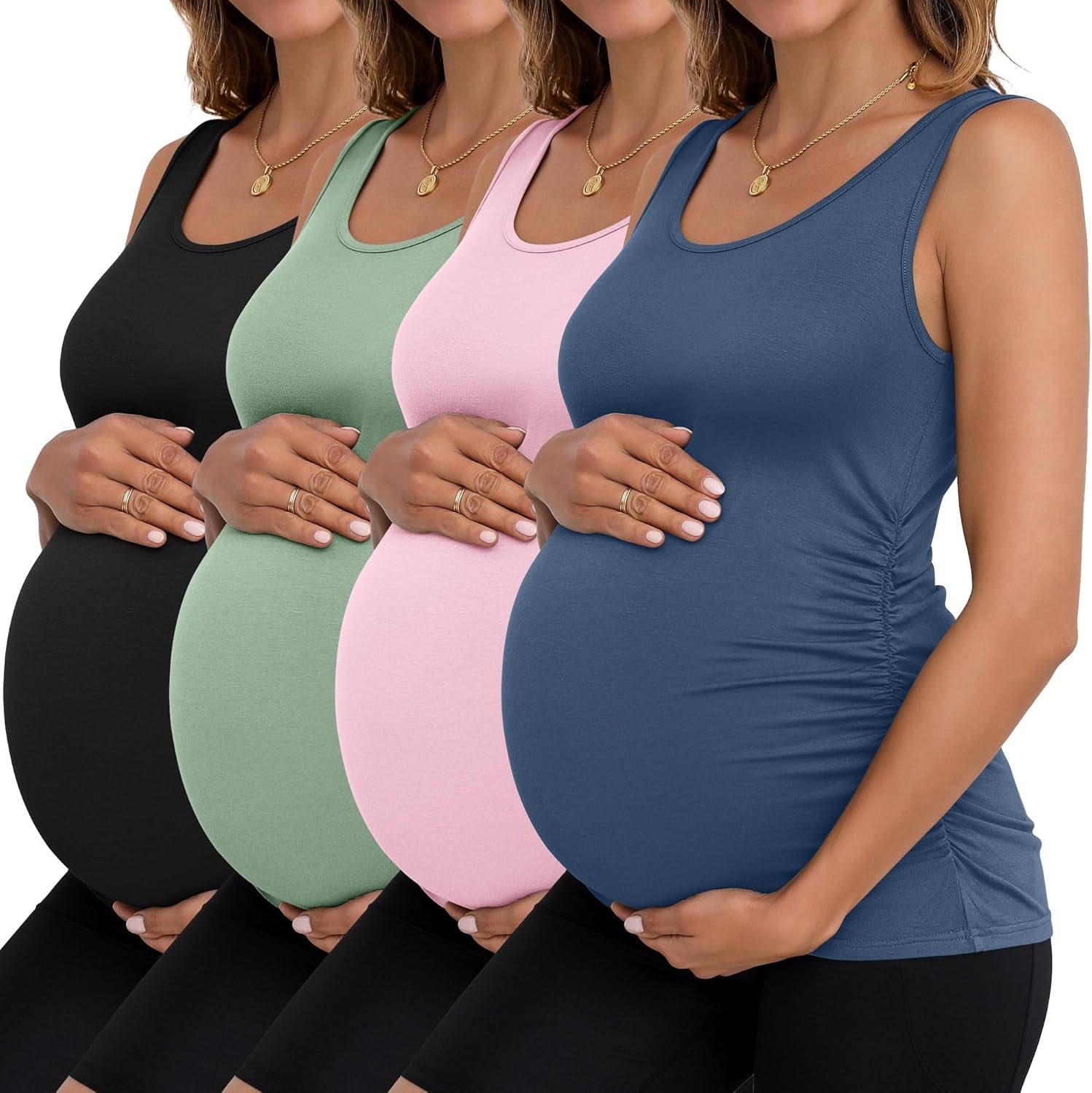 Ficerd 4 Pack Women'S Maternity Tank Tops Sleeveless Side Ruched Top Crew Neck Casual Pregnancy T-Shirts Summer Basic