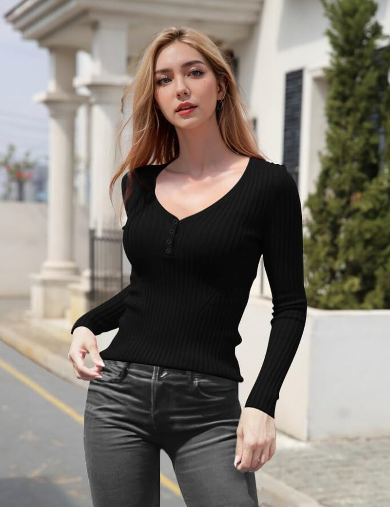 V28 Women Tops Long Sleeve V Neck Henley Button up Casual Sexy Slim Fit Ribbed Knit Knitwear Pullover Sweater