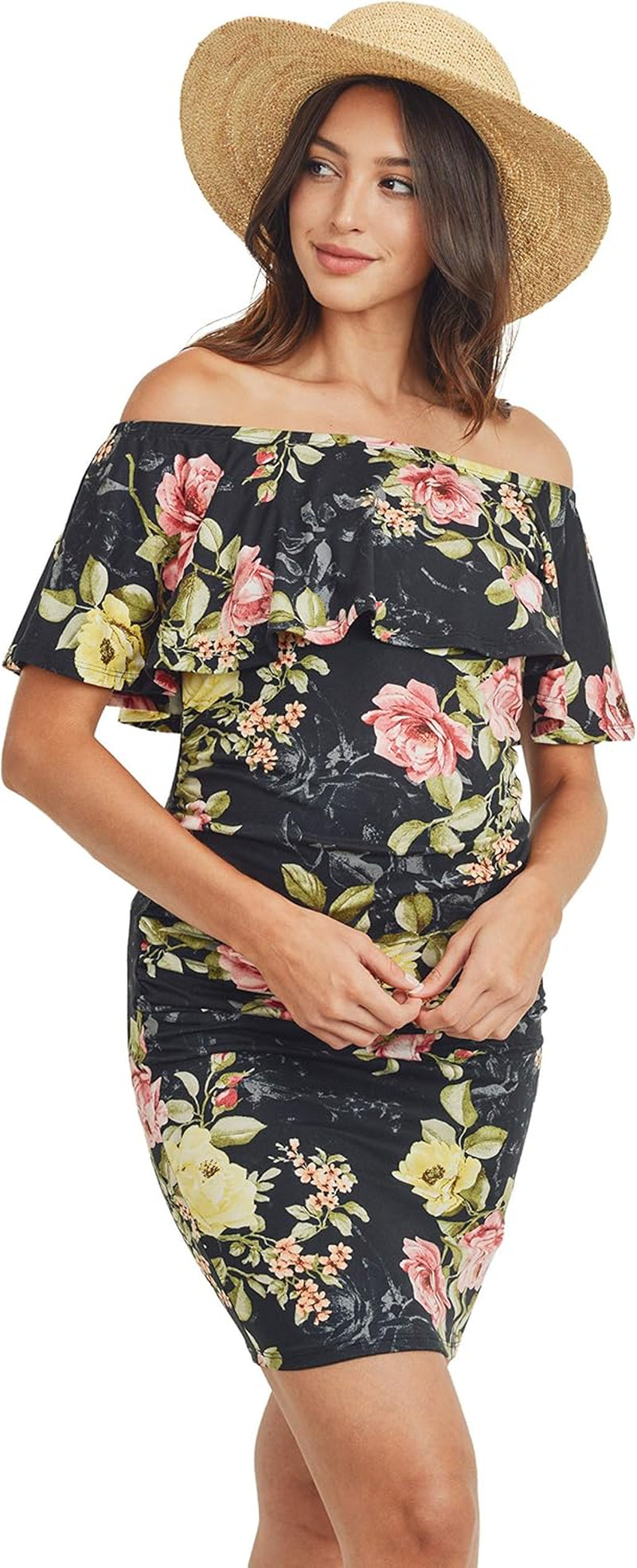 Hello MIZ Women'S Floral Ruffle off Shoulder Maternity Dress - Made in USA