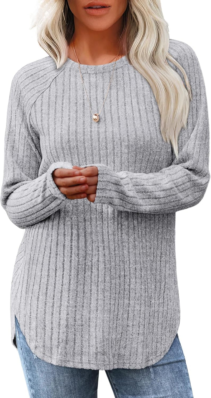 Saloogoe Long Sleeve Shirts for Women Tunic Tops for Women Loose Fit Dressy Crew Neck Pullover Basic Sweaters for Women 2024