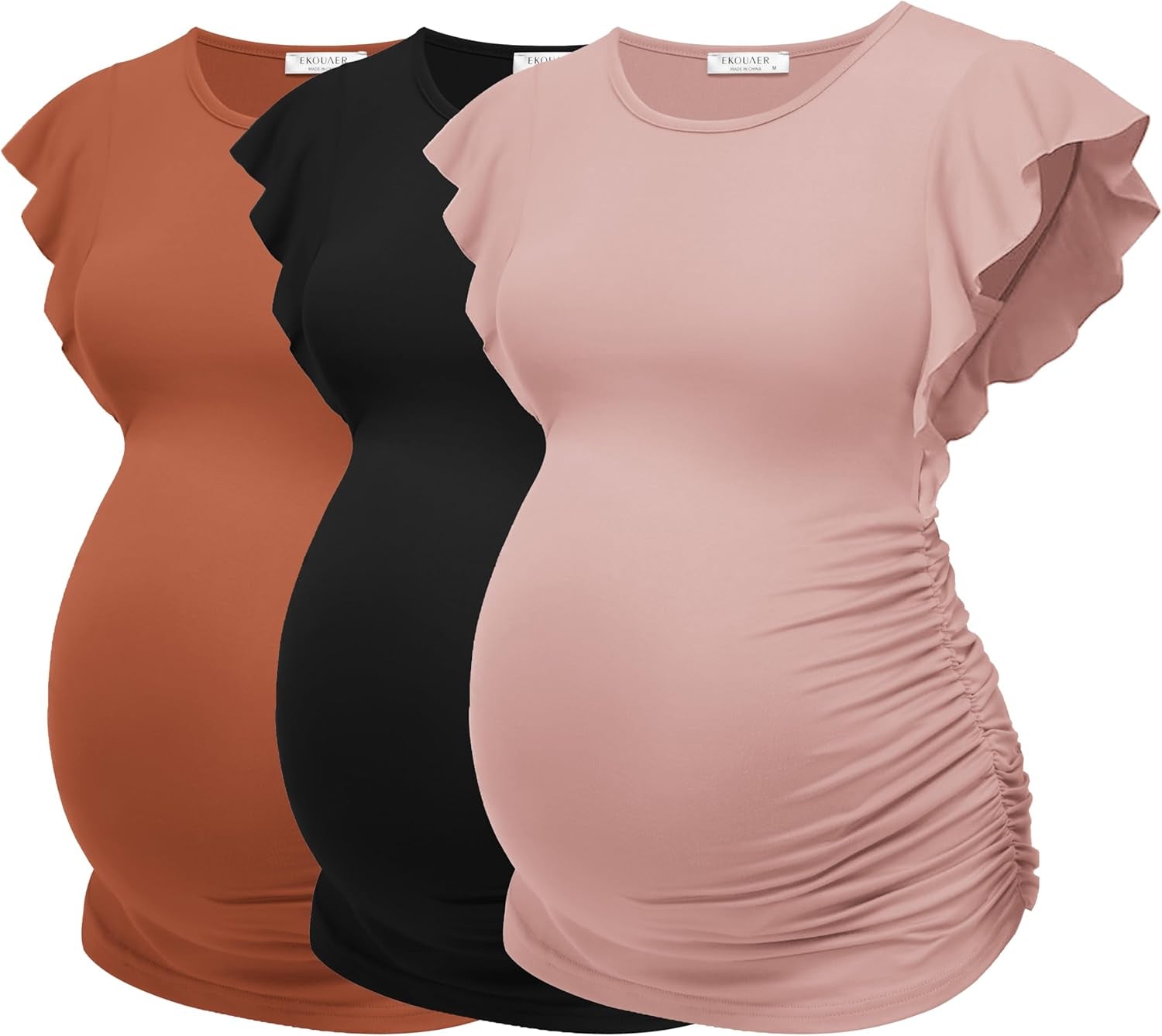 Ekouaer Women'S Maternity Shirts 3 Packs Flying Short Sleeve Pregnancy Tops Side Ruched Tunic Blouse Mama Clothes S-XXL