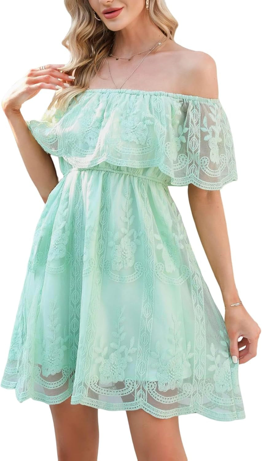 HOYISHION Women'S off the Shoulder Floral Lace Maxi Dress White Bridesmaid Wedding Party Maternity Photoshoot Long Dresses