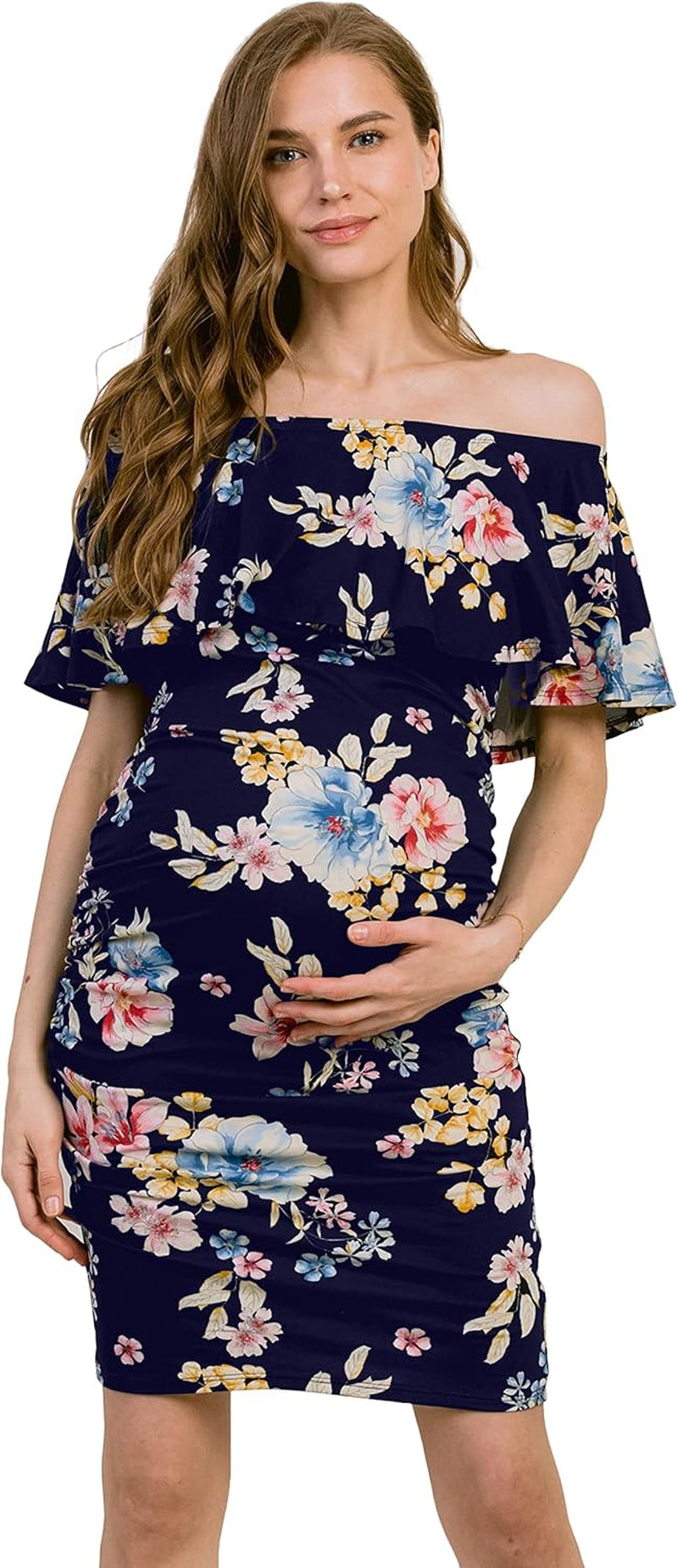 Hello MIZ Women'S Floral Ruffle off Shoulder Maternity Dress - Made in USA