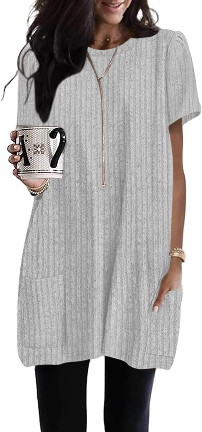 Naggoo Summer Womens Tunic Tops for Leggings with Pockets Loose Fit Short Sleeve Casual Long T Shirts