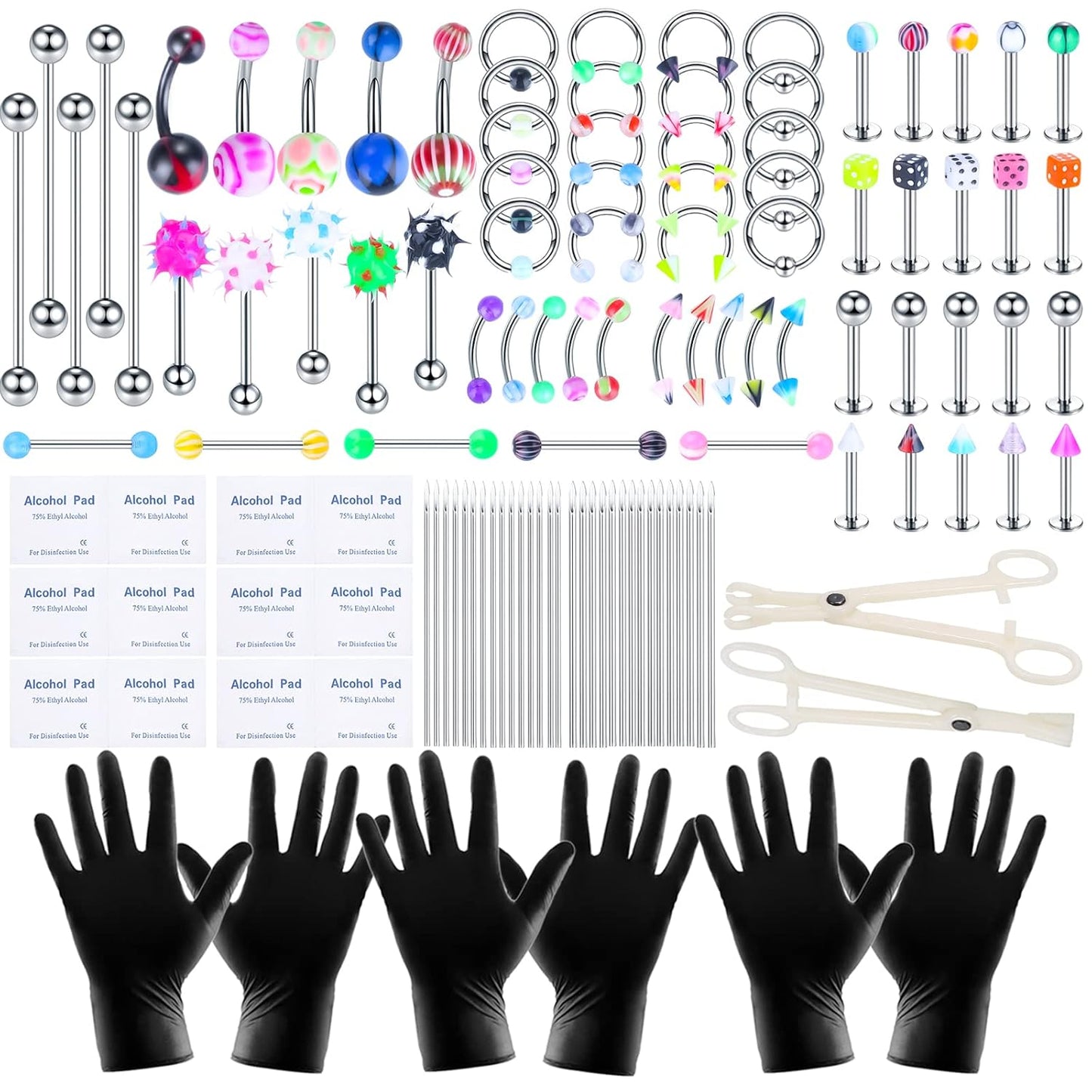 120PCS Body Piercing Kit Surgical Steel 14G 16G 20G BCR CBR Labret Lip Rings Cartilage Daith Earrings Nose Septum Nose Studs Belly Button Rings Jewelry Needles Gloves Clamps Tools