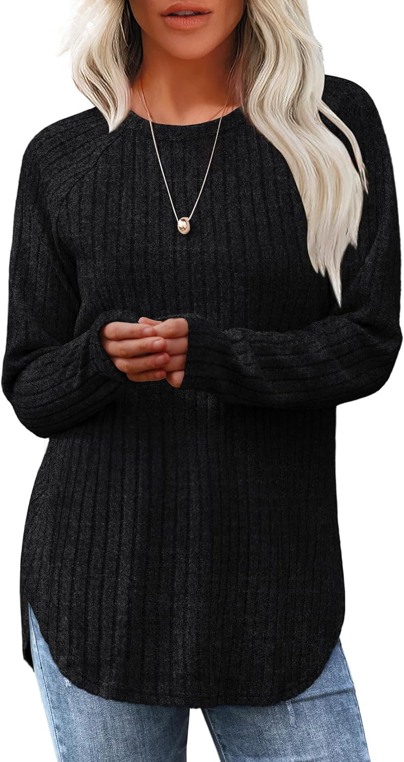 Saloogoe Long Sleeve Shirts for Women Tunic Tops for Women Loose Fit Dressy Crew Neck Pullover Basic Sweaters for Women 2024