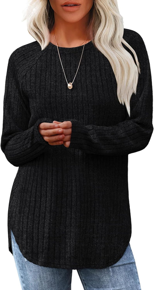 Saloogoe Long Sleeve Shirts for Women Tunic Tops for Women Loose Fit Dressy Crew Neck Pullover Basic Sweaters for Women 2024
