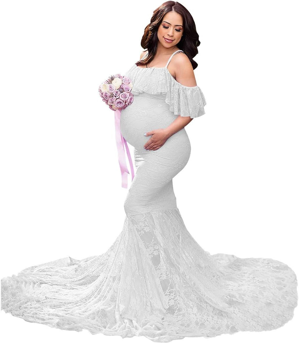 MYRISAM Women Maternity Lace Mermaid Gown off Shoulder Ruffle Slim Fitted Photo Shoot Wedding Party Prom Baby Shower Dress
